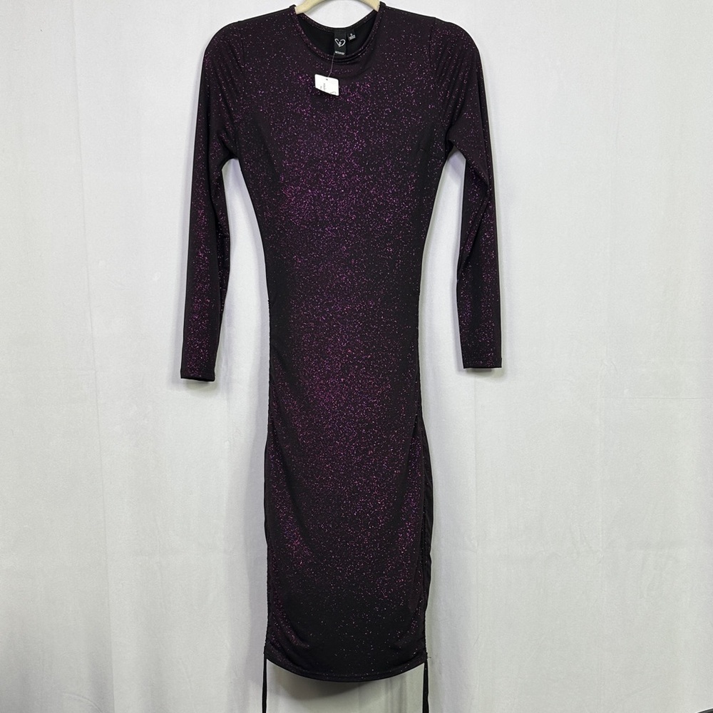 Windsor Black Round Neck Long Sleeve Dress Ruched Side Hot Pink Sparkle Glitter
